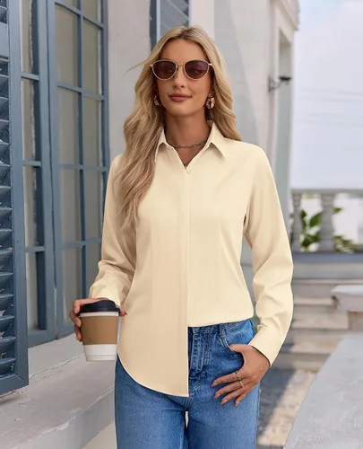 Vista 7 de Gleeivy Camisa con botones para mujer, solapa con botones ocultos, ligera, transpirable, resistente a las manchas, manga larga, trabajo e informal