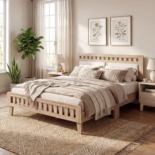 Vista 10 de KOMFOTT Base de cama individual de madera con cabecera tapizada, plataforma moderna de mediados de siglo con espacio debajo de la cama, base