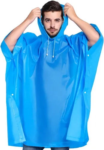Vista 2 de Ponchos de lluvia para adultos, impermeable, portátil, reutilizable, paquete de 2 con capucha con cordón, se mantiene seco con estilo Azul