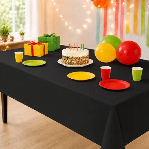 Vista 5 de Party Dimensions Mantel de plástico negro, paquete de 12 manteles rectangulares desechables de 54 x 108 pulgadas para mesas de 6 a 8 pies