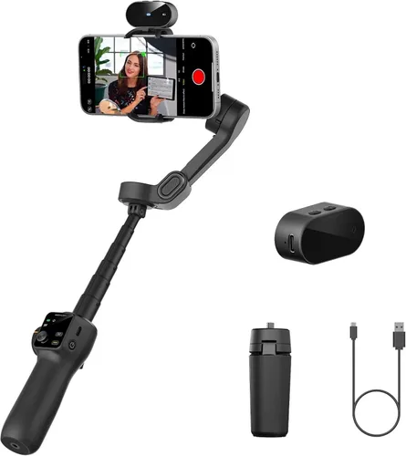 Vista 11 de AOCHUAN Estabilizador de cardán para iPhone y Android, cardán de teléfono de 3 ejes con micrófono de solapa inalámbrico, poste de extensión Negro