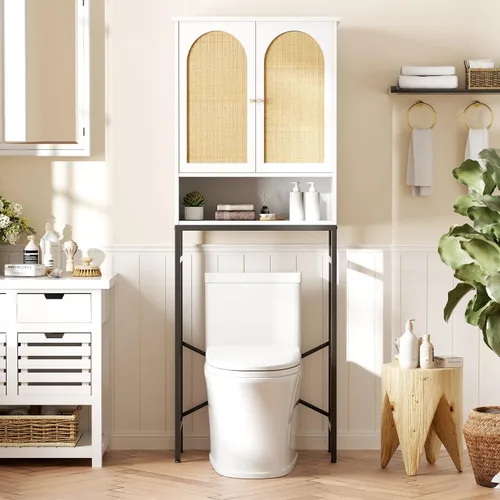 Vista 17 de Gabinete de almacenamiento sobre el inodoro con puertas estilo granja y estante ajustable, organizador de baño alto con soporte de metal que ahorra