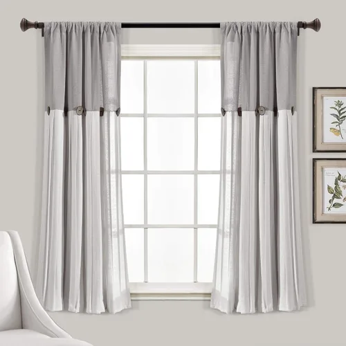 Vista 34 de Lush Decor - Panel de cortina de ventana con botón de lino, único, 40 pulgadas de ancho x 84 pulgadas de largo, negro y blanco claro - Cortinas