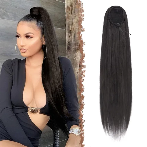 Vista 11 de FESHFEN Extensiones de cola de caballo rectas, colas de caballo largas con cordón, cola de caballo sintética con clip para mujer, color negro