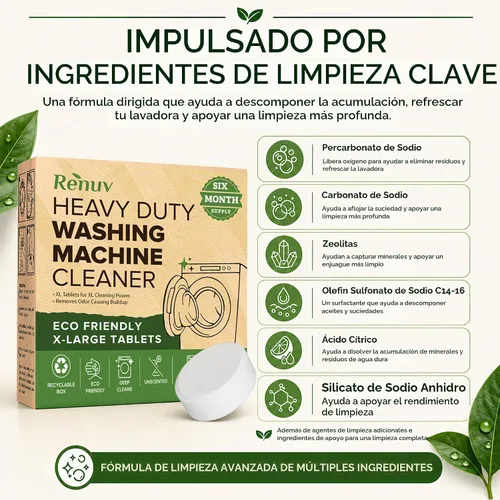 Vista 5 de Renuv - Tabletas de limpieza y descalcificación para lavadora de servicio pesado - para lavadora de carga frontal, carga superior, HE