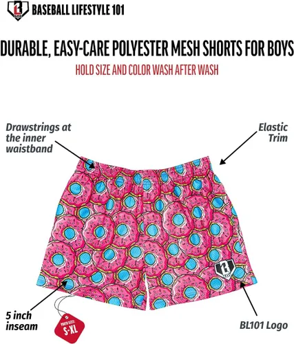 Vista 3 de Baseball Lifestyle 101 Pantalones cortos de malla de fresa con bolsillos laterales y cintura elástica, entrepierna de 5 pulgadas, tallas juveniles