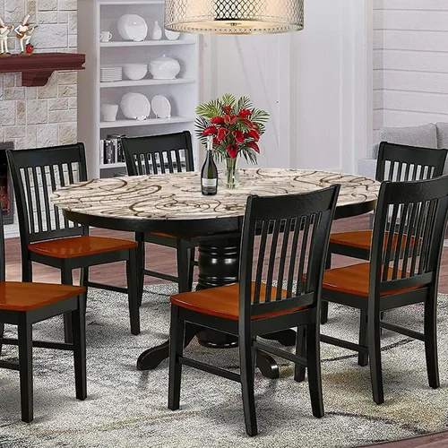 Vista 2 de Mantel ajustable ovalado de poliéster con bordes elásticos color crema, almohadilla de mesa con estampado de curvas dibujadas a mano, se adapta a