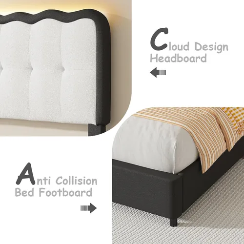 Vista 3 de BarnFurin Base de cama individual, cama de plataforma tapizada con cabecera de nube, marco de cama moderno con diseño suave anticolisión, no Negro