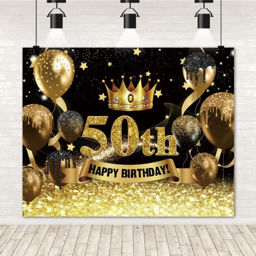 Vista 9 de Telón de fondo para fotografía de cumpleaños número 50 para mujeres y hombres, globo con purpurina negra y dorada, telón de fondo para fotos