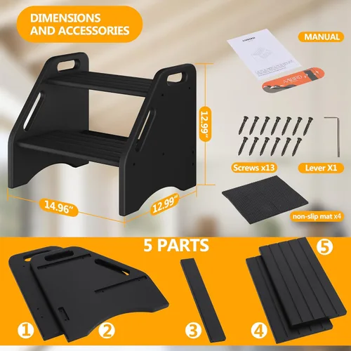 Vista 6 de AMBIRD Taburete de madera – Capacidad de dos pasos de 300 libras con almohadillas antideslizantes de seguridad y asas, bambú para baño, cocina Negro