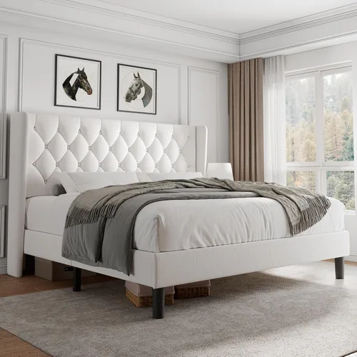 Vista 9 de iPormis - Base de cama tapizada de tamaño completo con cabecera capitonada con botones, base de cama tapizada con listones de madera sólidos, 20 cm