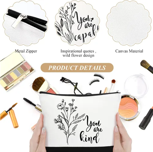 Vista 3 de Coume 10 Piezas Bolsas de Maquillaje de Lona de Flores Bohemias al Por Mayor, Bolsas de Cosméticos con Citas Inspiradoras Estéticas en Blanco