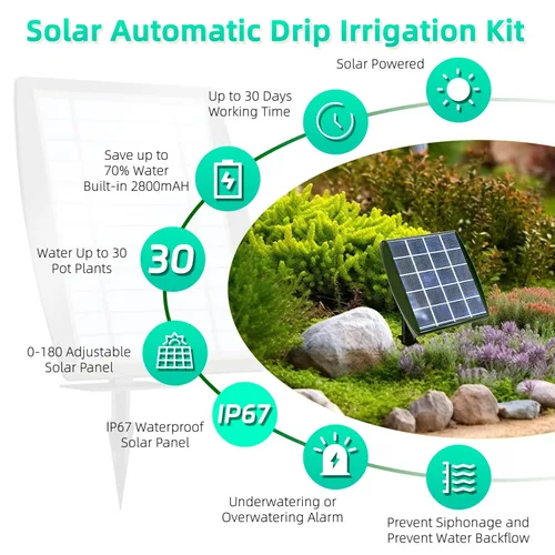 Vista 9 de Sistema de riego por goteo alimentado por energía solar, accesorios de invernadero al aire libre, compatible con 15 macetas y 6 modos de temporizador