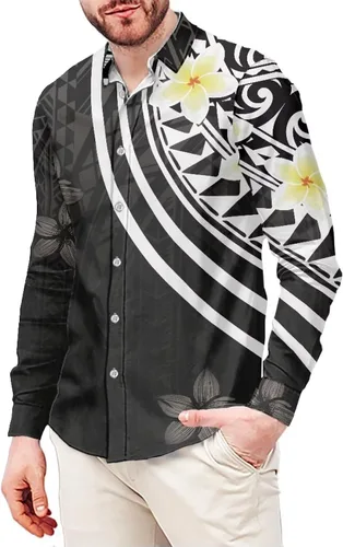 Vista 14 de Camisas polinesias para hombre con patrones de hojas tropicales polinesias, camisa hawaiana de manga larga para hombre, ropa de vacaciones de otoño