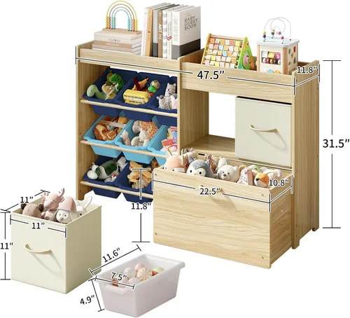 Vista 2 de EXPERLAM Organizador de almacenamiento de juguetes para niños, organizador de juguetes de 9 compartimentos con 2 cajones, cofre de juguetes móvil