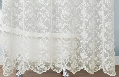Vista 4 de ASATEX Cortina de ducha de encaje marfil. Cortina de baño de diseño floral clásico de 72 x 72 pulgadas con cenefa adjunta y borlas. Cortinas