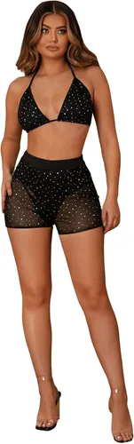 Vista 5 de Verdusa Conjunto de 2 piezas para mujer con top halter y pantalones cortos de malla con purpurina