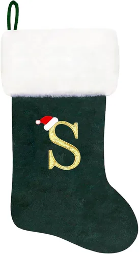 Vista 25 de Calcetines de Navidad bordados de 20 pulgadas con monograma, terciopelo negro con puño de felpa blanca supersuave, adornos clásicos para decoración