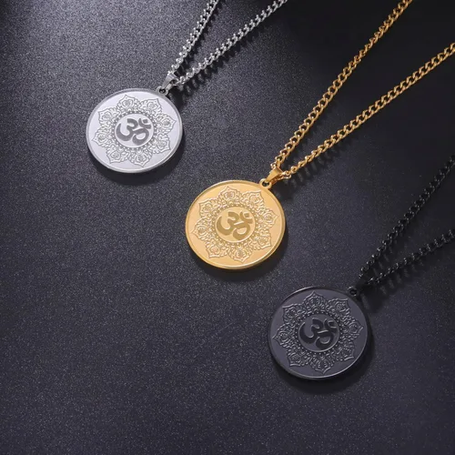 Vista 4 de SIPURIS Collar Om para hombres y mujeres, yoga, loto, flor de la vida, hinduismo, dije de mandala, de acero inoxidable, amuleto espiritual vikingo