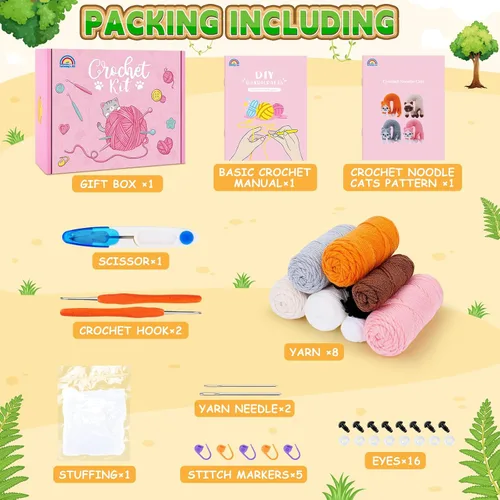 Vista 3 de Fortuning's JDS Kit de ganchillo para principiantes, paquete de 4 divertidos kits de ganchillo para gatos, kit de ganchillo para principiantes