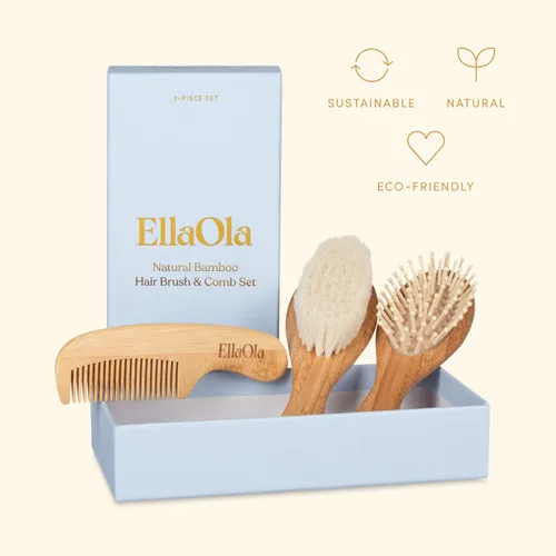Vista 8 de ELLAOLA Juego de cepillo y peine de bambú natural, 3 piezas - Cepillo para costra láctea, cepillo de masaje para el cabello, peine de bambú