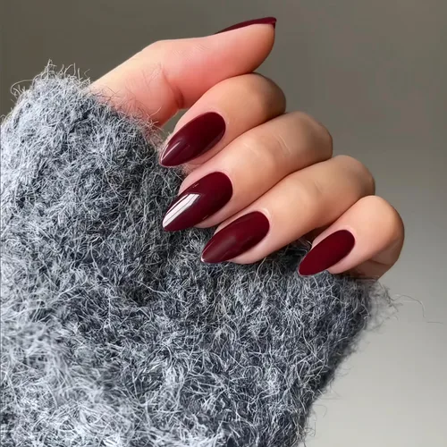 Vista 4 de 48 piezas de uñas postizas a presión color burdeos, uñas falsas en forma de almendra, pegamento para uñas, uñas de longitud media
