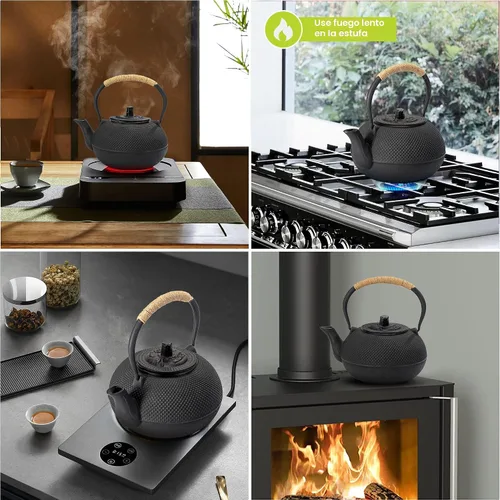 Vista 6 de Tetera de hierro fundido suyika Tetsubin japonesa con infusor de acero inoxidable para olla de uso en estufa segura con interior esmaltado 22 oz/650