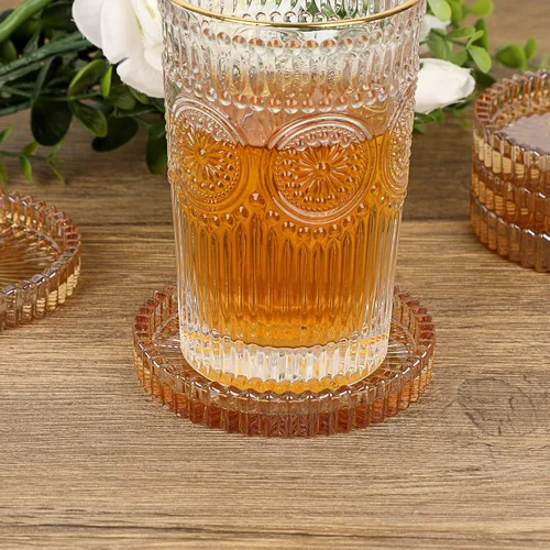 Vista 5 de JUXYES Juego de 5 posavasos de cristal tono ámbar redondos, tapetes para tazas de vidrio, posavasos para bebidas, café, té, vino, posavasos
