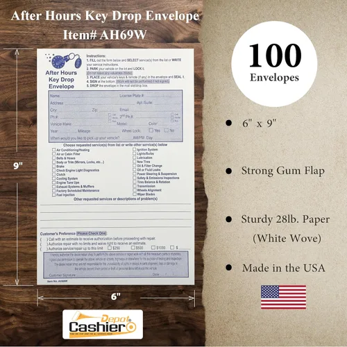 Vista 2 de 100 Cashier Depot - After Hours Key Drop Envelopes AH69W, 6" x 9", White 28lb Paper, Open End, Night Drop Service Envelopes for Auto Repair Shops