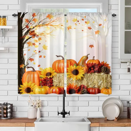 Vista 48 de Cortinas de ventana de cosecha de otoño, marco de madera rústica, cortinas florales de pacas de heno y calabaza, cenefa de cocina de Acción