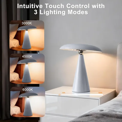 Vista 3 de Lámpara de setas de mediados de siglo moderna, lámpara de mesa LED recargable sin cable, luz de cabecera regulable táctil de 3 temperaturas