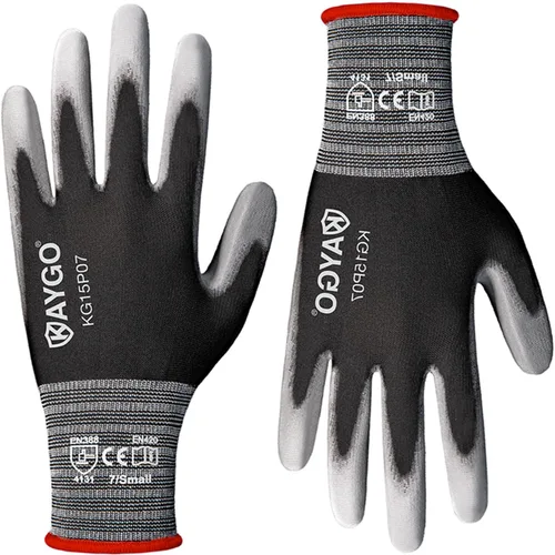 Vista 16 de KAYGO Guantes de trabajo con revestimiento de poliuretano 12 pares, KG15P, forro de nailon con revestimiento de poliuretano flexible, guantes