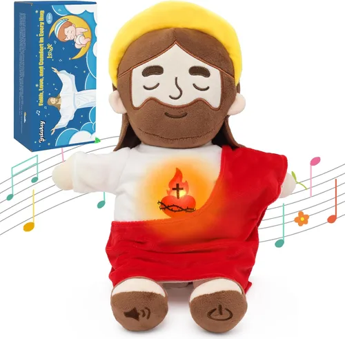 Vista 9 de Yelakey Muñeco de Jesús de Peluche Relajante con Luz y Sonido, Muñeco de Jesús Respirante de 15" de Peluche Suave Cristiano Católico Regalo Azul
