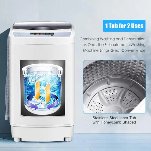 Vista 7 de COSTWAY Lavadora portátil, capacidad de 12 libras, lavadora completamente automática con 10 programas de lavado, pantalla LED, 8 niveles de agua