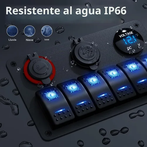Vista 4 de RVBOATPAT Panel de interruptor marino de 6 bandas Panel de interruptor de barco impermeable Interruptor basculante de 12 V Panel de interruptor azul
