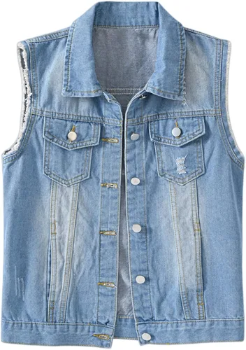 Vista 3 de JiangWu Chaleco de mezclilla corto para mujer, sin mangas, con botones, rasgado, casual, chaqueta, mezclilla-azul