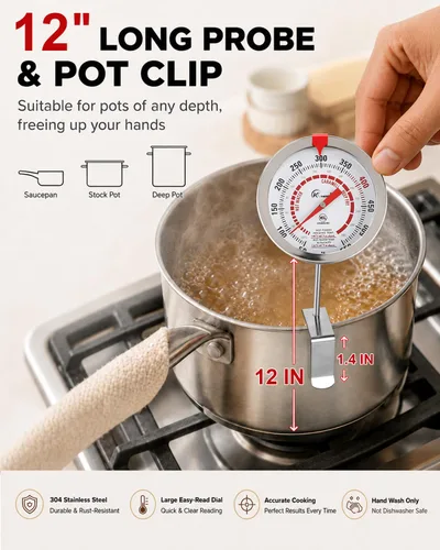 Vista 2 de Termómetro de caramelo con clip de olla Termómetro de aceite para freír profundo Sonda de 12 pulgadas Comida caliente/esfera de temperatura H2O
