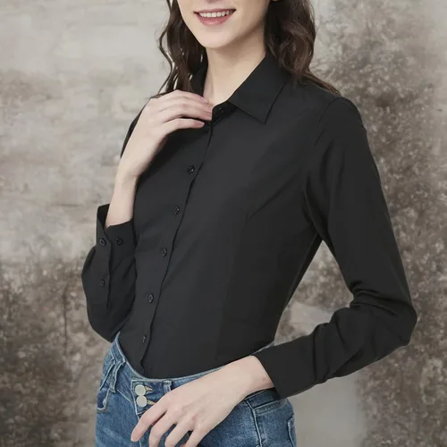 Vista 7 de MGWDT Camisa de trabajo con botones para mujer, ajustada, resistente a las arrugas, manga larga/corta, elástica, ligera
