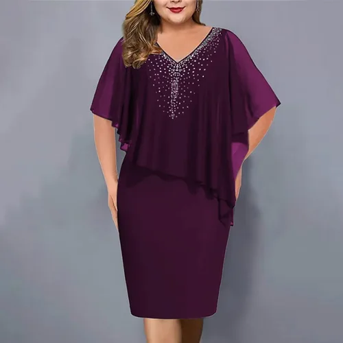 Vista 2 de Vestido de capa para mujer, talla grande, con cuello en V y diamantes de imitación, superposición de gasa, vestido de tubo bodycon para boda, cóctel