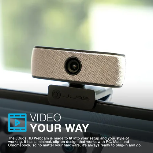 Vista 7 de JLab, JBuds Cam, cámara web USB, enfoque automático de 1080p, micrófono dual, negro con placa frontal blanca