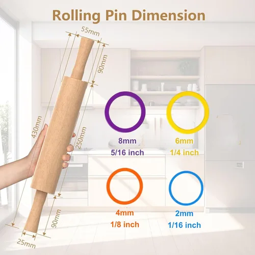 Vista 2 de Rodillo de madera, rodillo de masa de 17 pulgadas para hornear con 4 Beige