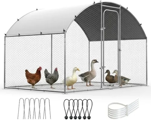 Vista 12 de ORANLAND Gallinero de metal grande, 9.9 x 9.9 x 6.6 pies con tapa, corral de pollo con techo de espira con cerradura de seguridad, jaula de conejo