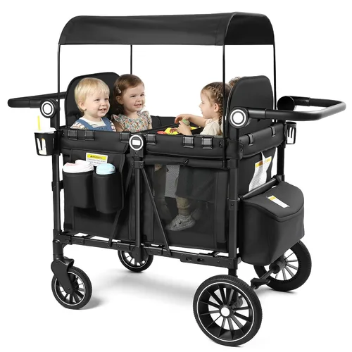 Vista 13 de Kinder King Cochecito Wagon para 4 niños, mango ajustable, gris