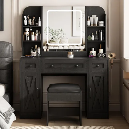 Vista 6 de Vabches Escritorio de tocador negro, espejo de tocador con luces, escritorio de maquillaje con taburete, mesa de maquillaje con grandes cajones