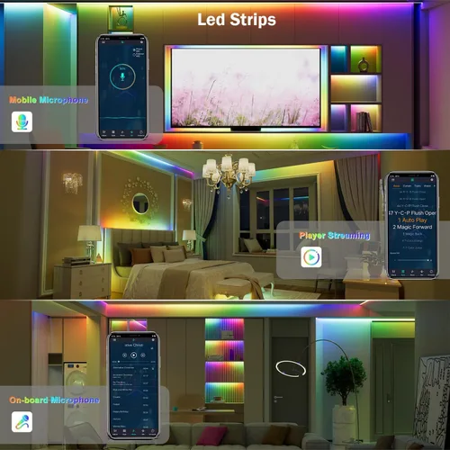 Vista 8 de Tira de luces LED para dormitorio de 33 pies, luces LED IC-RGB para habitación con control remoto de aplicación Bluetooth, tira de luz LED USB