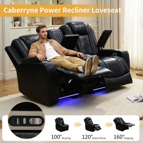 Vista 4 de Sofá reclinable con luces LED, sofá reclinable de cuero con dos asientos reclinables/puerto USB/consola de almacenamiento/soporte para vasos