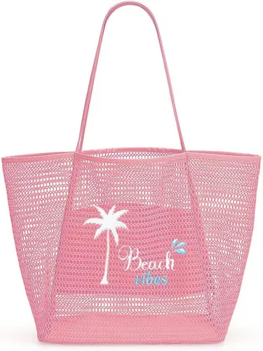 Vista 4 de ukia Bolsa de playa de malla, bolsas de playa de gran capacidad para mujer, bolsa de playa plegable con bolsillo con cremallera