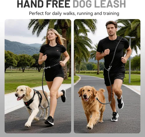 Vista 5 de Correa para perro manos libres, ajustable de 4 pies con asas acolchadas, color negro