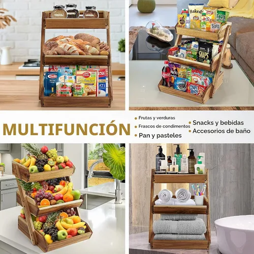 Vista 6 de Cesta de frutas de 3 niveles para cocina - Resistente, multifuncional, soporte de frutas y verduras de gran capacidad con organizador de refrigerios