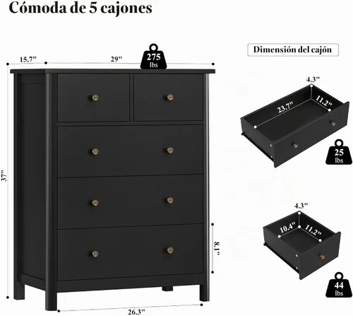 Vista 3 de HOUSUIT - Cómoda negra con 5 cajones, cómoda, 5 cajones